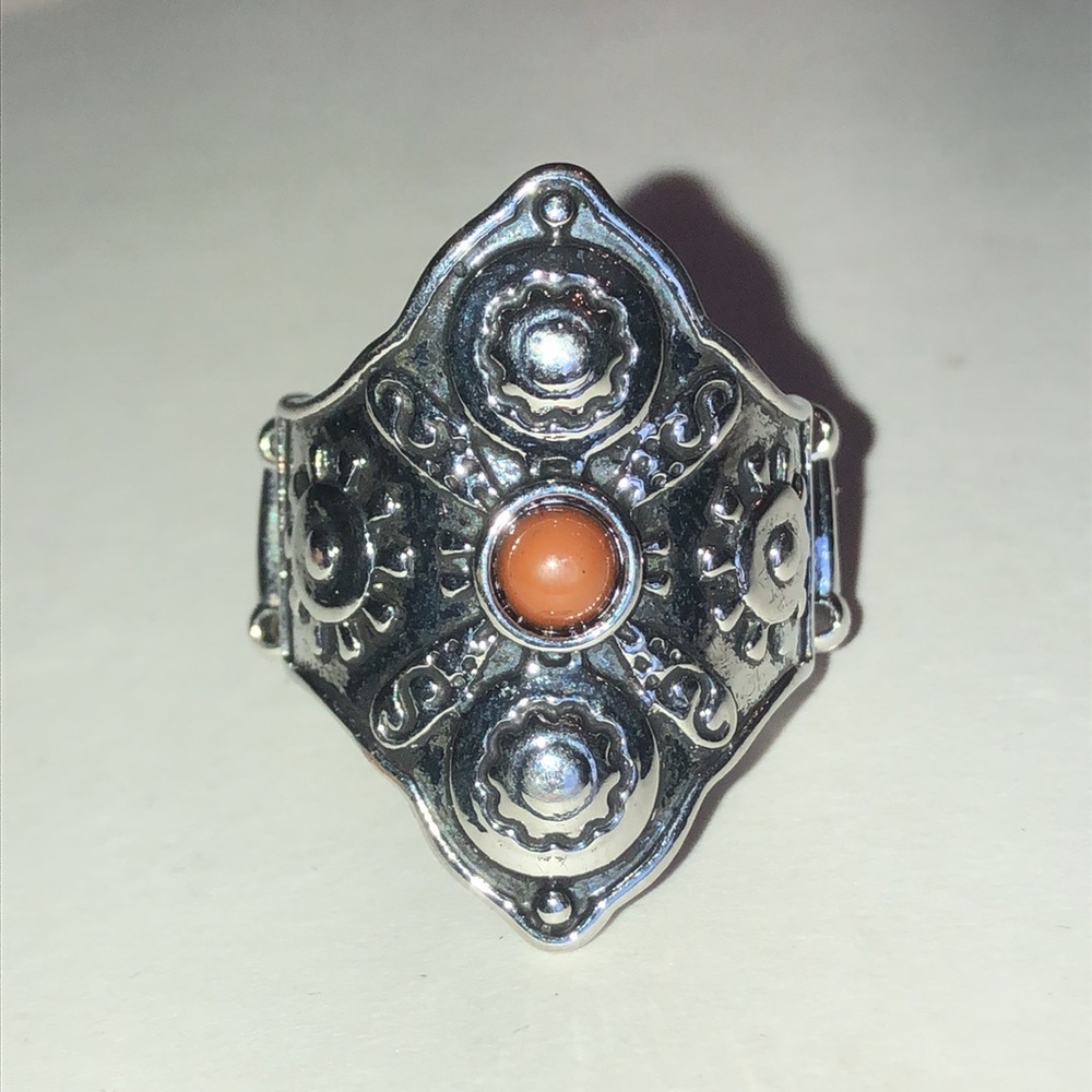 Vintage Inspired Silver Tone Ring with Brown Faux Stone